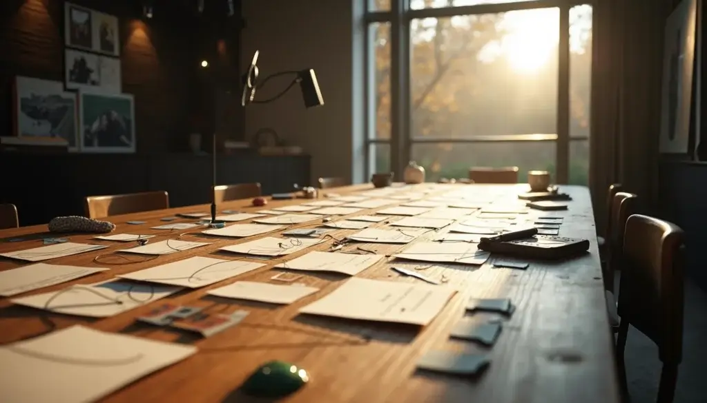 Table de préproduction d’album avec cartes vierges, objets musicaux, fils de liaison et grande salle de studio visible en arrière-plan.