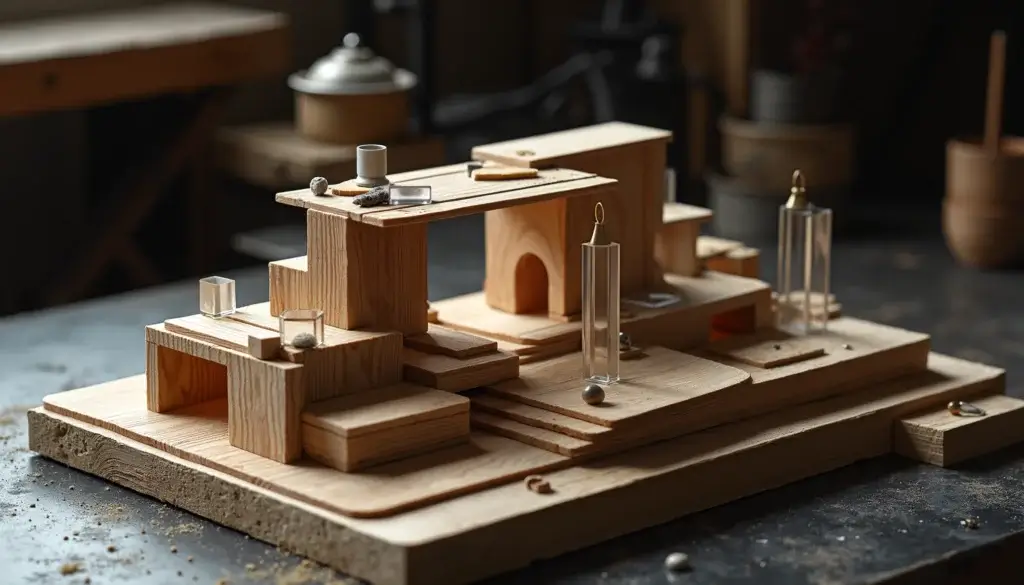Maquette architecturale abstraite en bois, pierre, laiton et acrylique, organisée comme une structure musicale avant enregistrement.