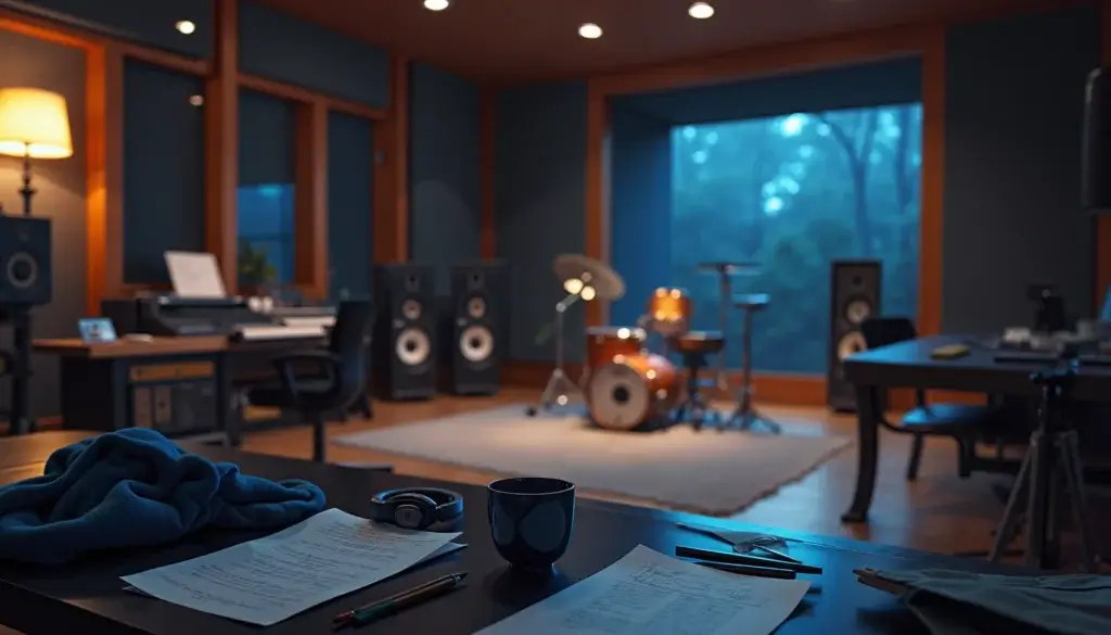 Studio professionnel vide en soirée, avec instruments installés, table de travail, casque, notes vierges et régie éclairée derrière une vitre.