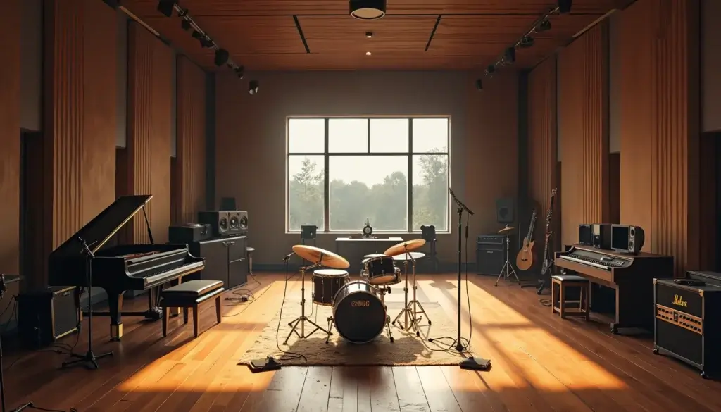 Grande salle de prise professionnelle préparée pour une session d’album, avec instruments installés et régie visible derrière une vitre.