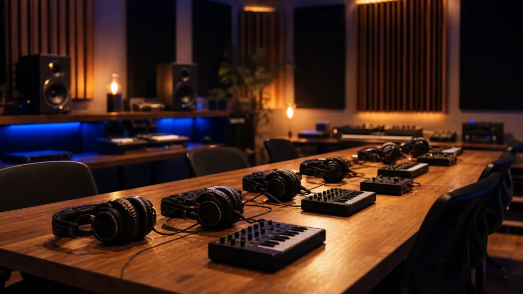 Table de studio préparée avec plusieurs casques et contrôleurs MIDI pour un atelier de production musicale.