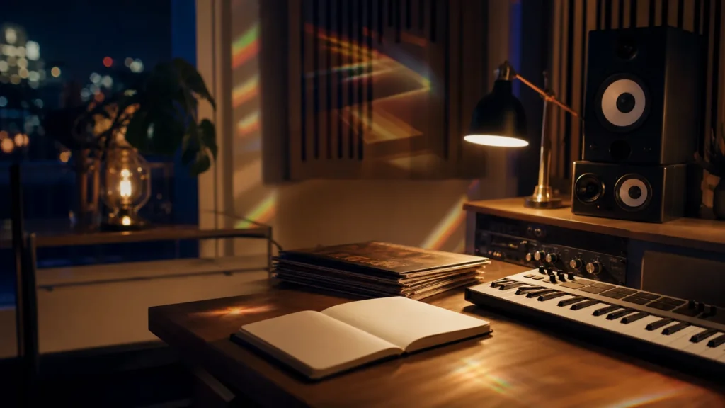 Coin de studio nocturne avec clavier MIDI, moniteurs, carnet ouvert et reflets colorés sur le mur.