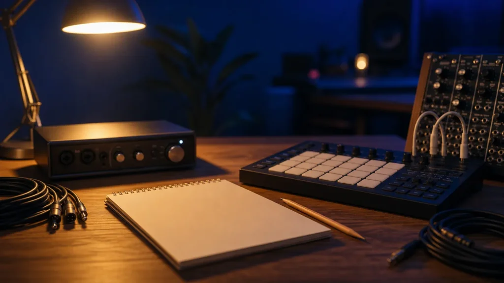 Carnet, interface audio, contrôleur MIDI et câbles disposés sur une table de studio.