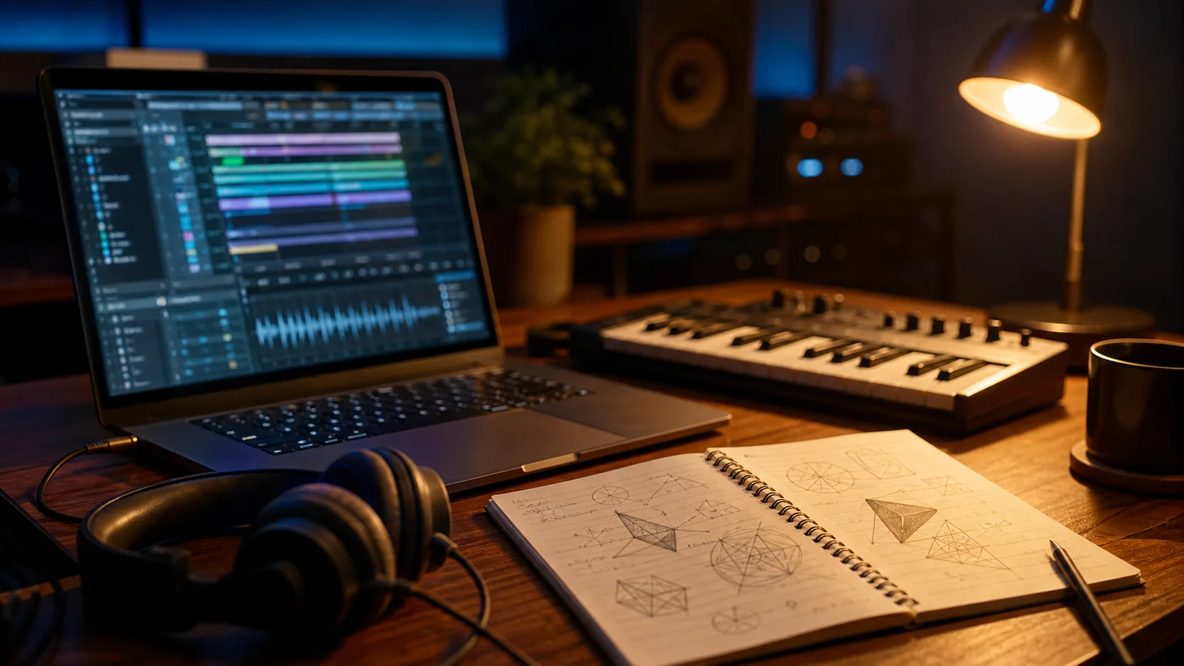 Poste de MAO avec ordinateur, clavier MIDI, casque et carnet dans une ambiance de studio chaleureuse.