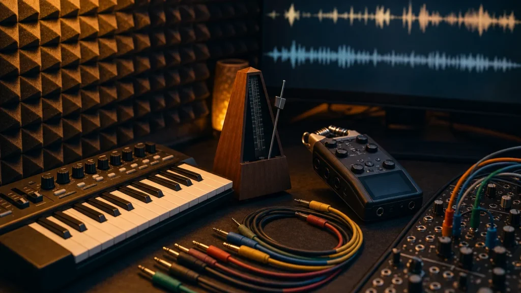Clavier MIDI, métronome, câbles et traitement acoustique dans un environnement de production musicale.