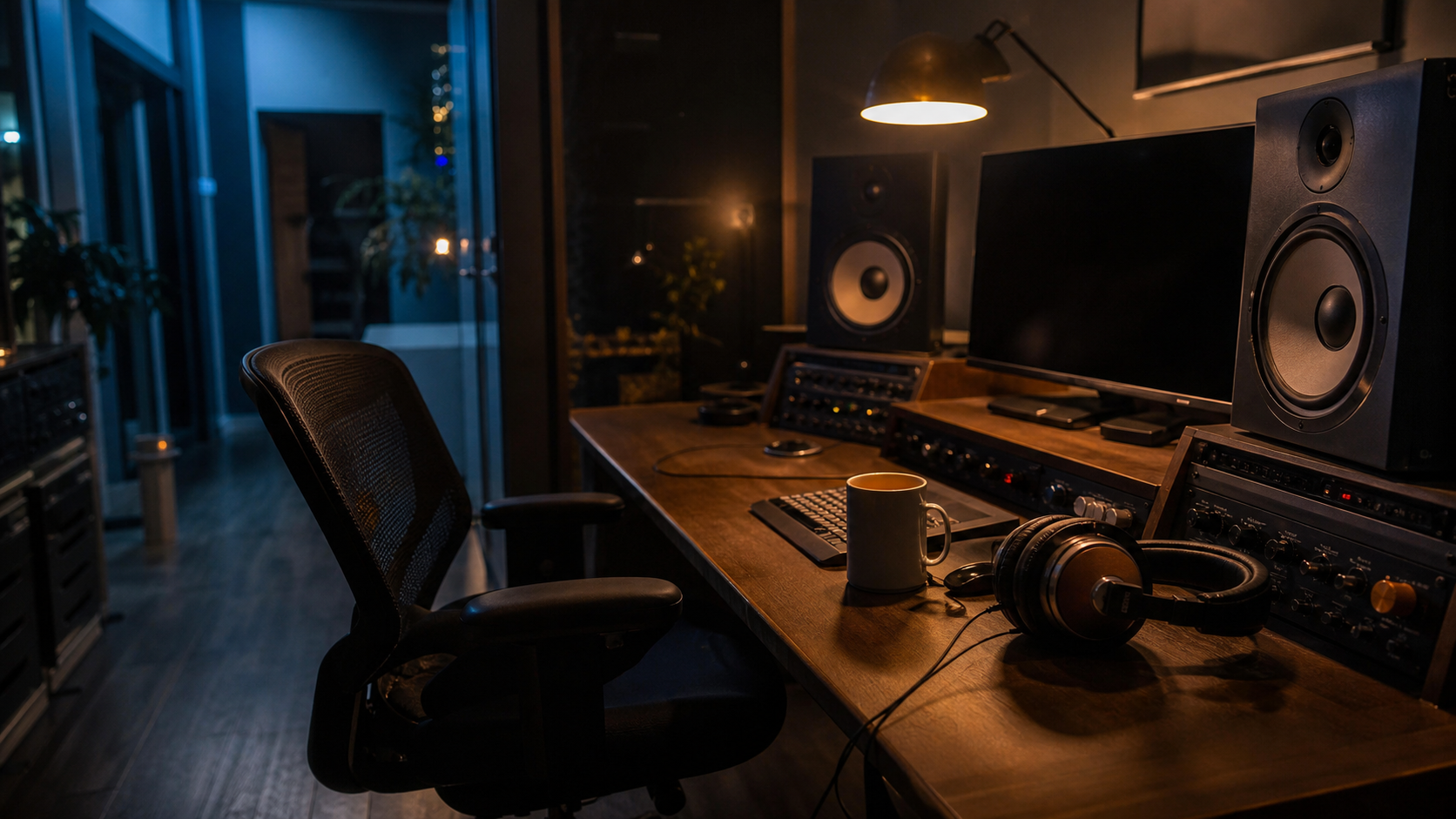 Contrôle de studio au crépuscule avec monitors, casque et tasse de café, lumière ambrée