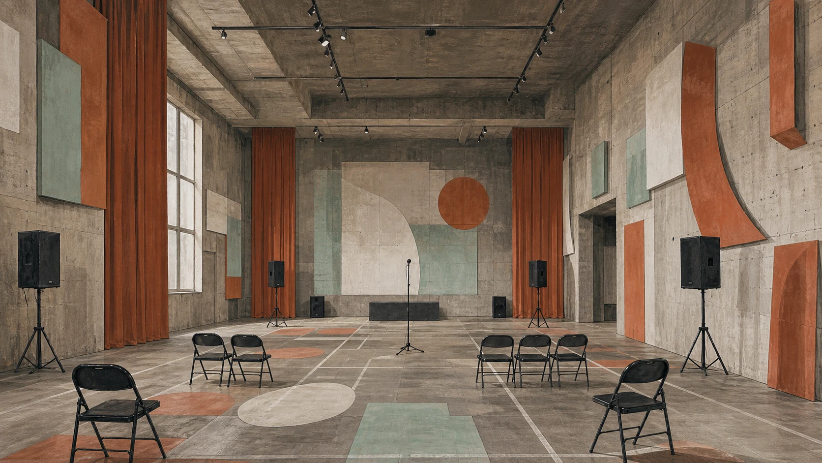Salle municipale vide avec enceintes portables, micro et murs qui suggèrent la réponse acoustique.
