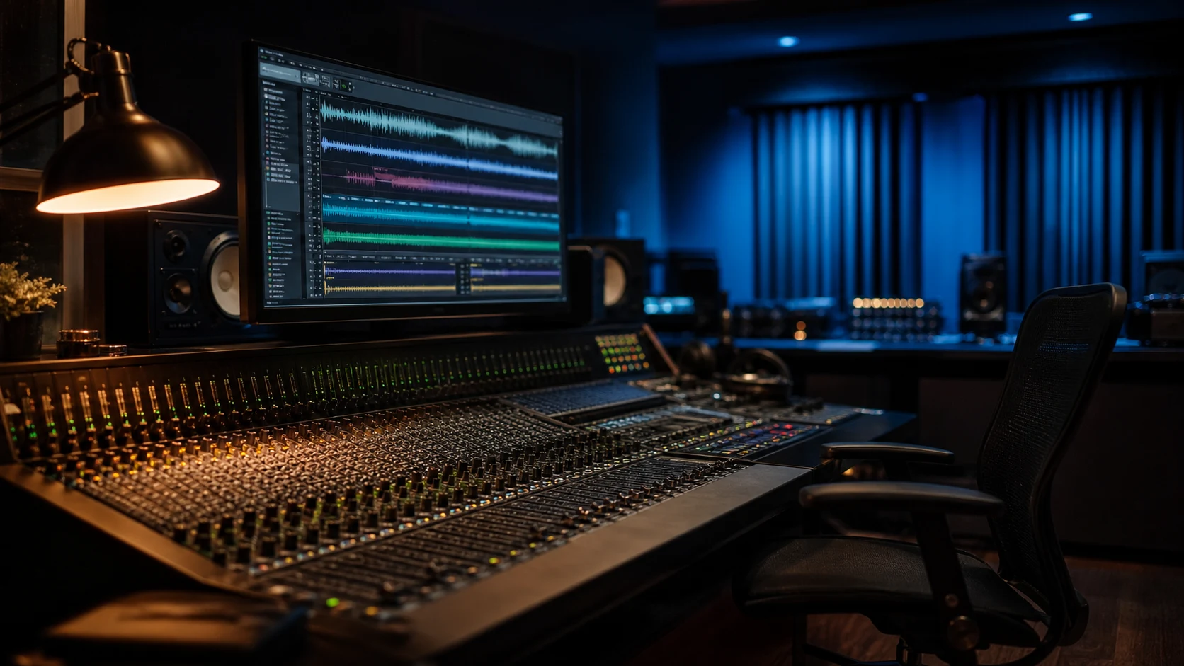 Console de mixage face à un écran montrant des pistes audio colorées.