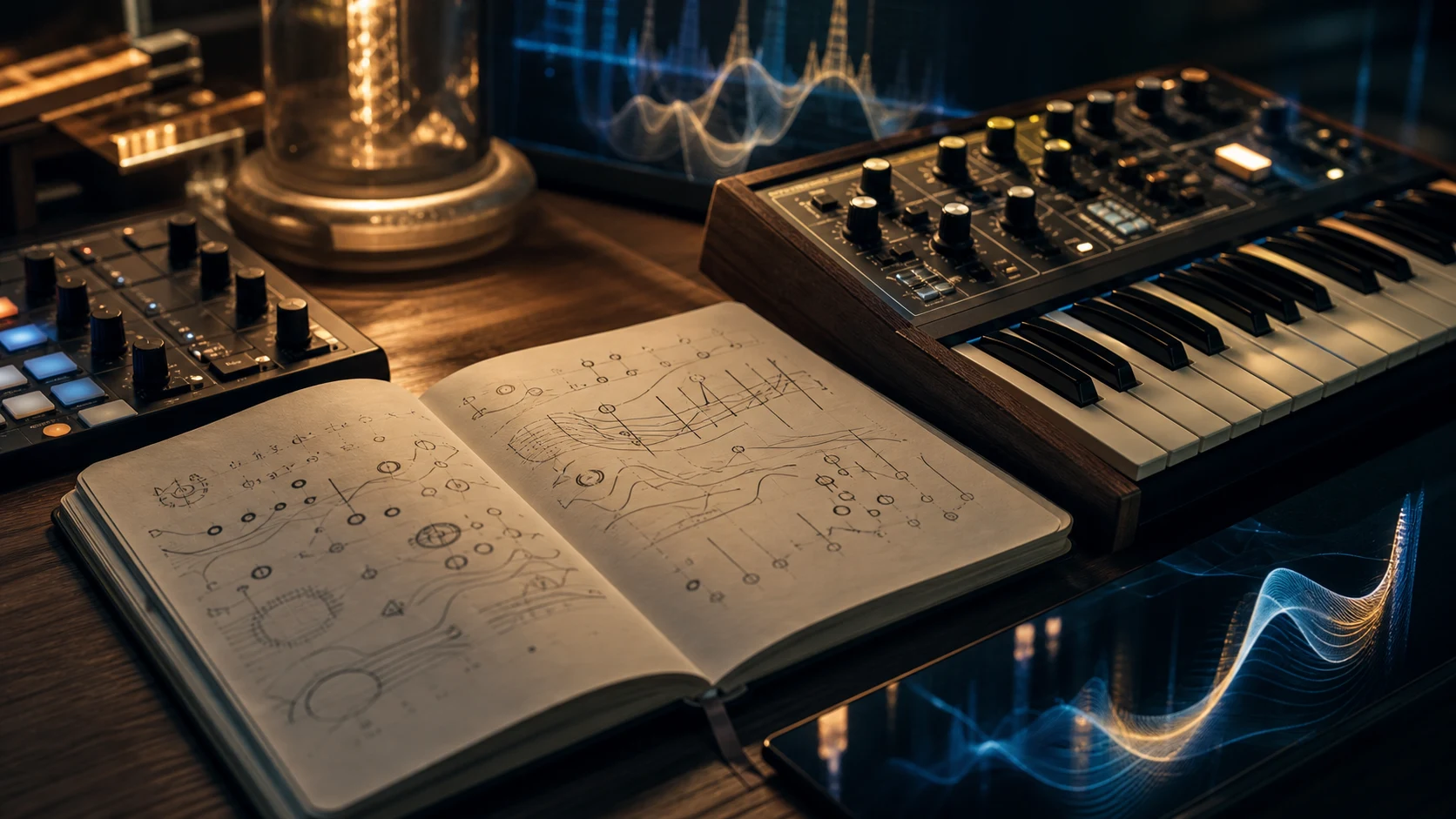 Carnet de notes abstraites posé près d’un synthétiseur en studio.