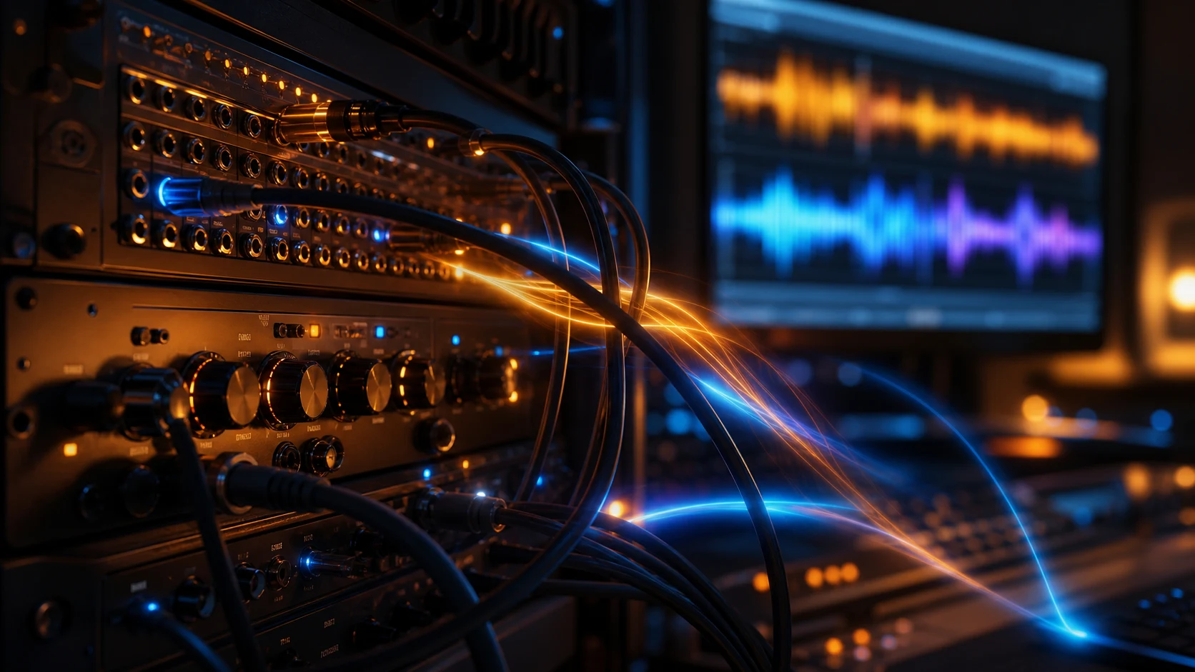 Rack audio et câbles devant une forme d’onde lumineuse en arrière-plan.