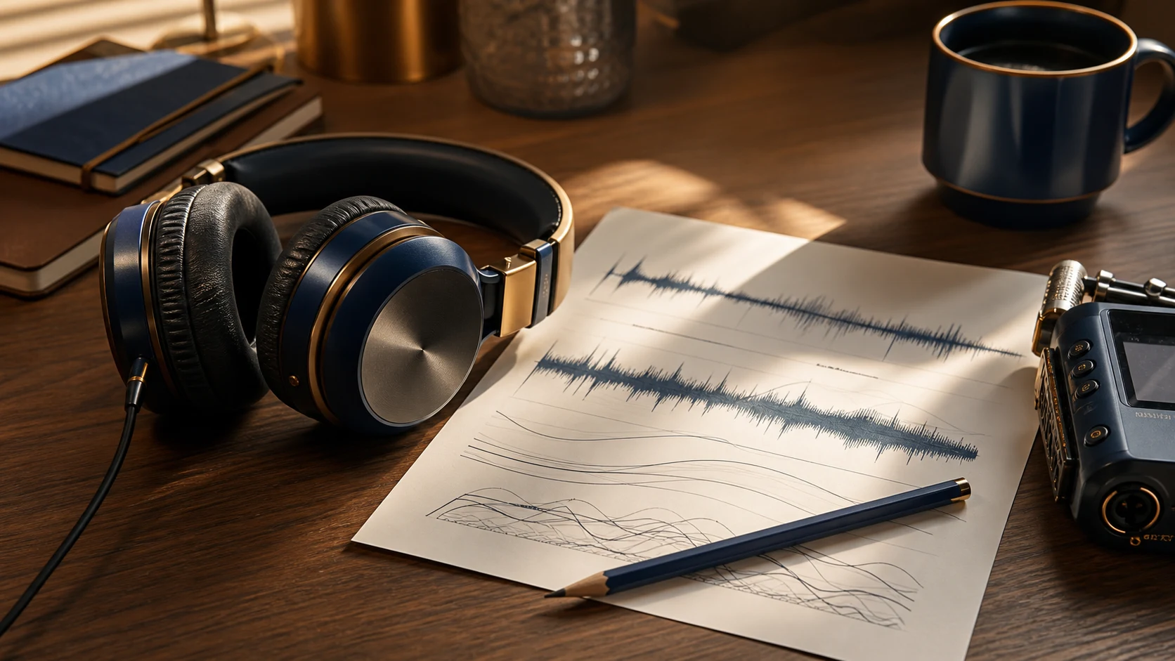 Casque, feuille de formes d’onde et crayon sur une table de studio.