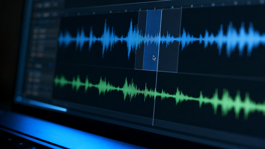 Écran d'ordinateur affichant des waveforms audio, édition technique en studio