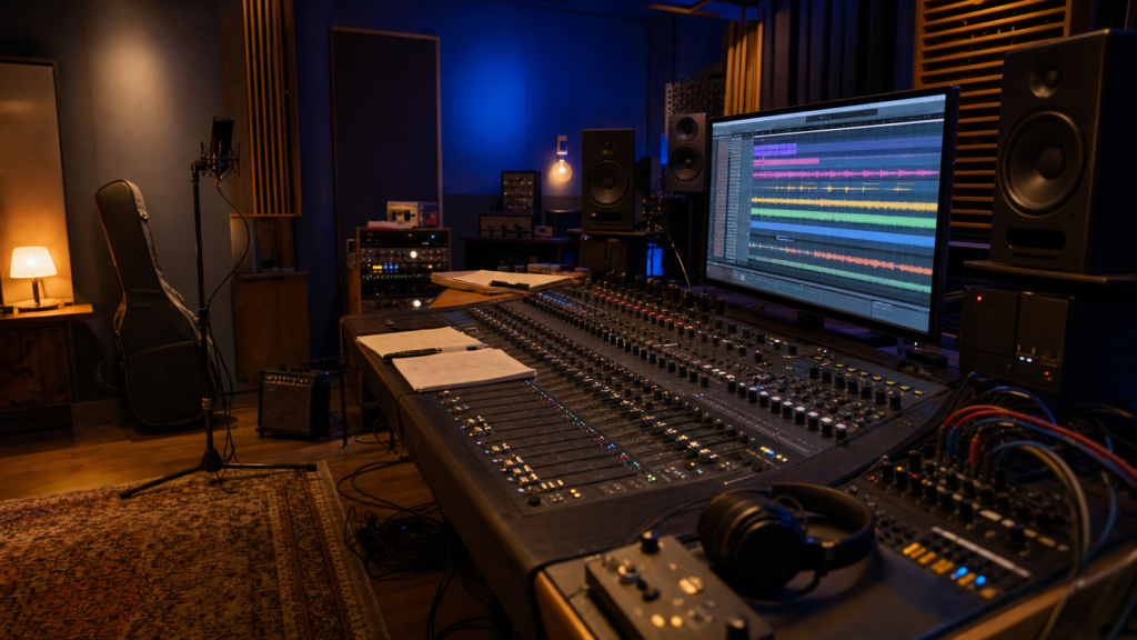 Console de mixage en studio, instruments et écrans, projet musical en cours