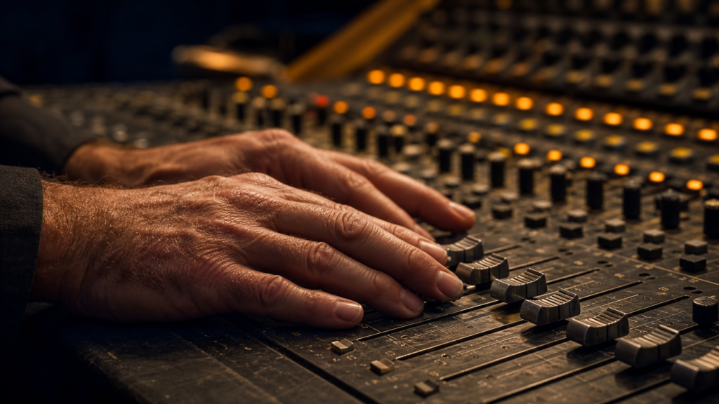 Mains d'ingénieur·e du son sur les faders d'une console, geste précis et expérimenté