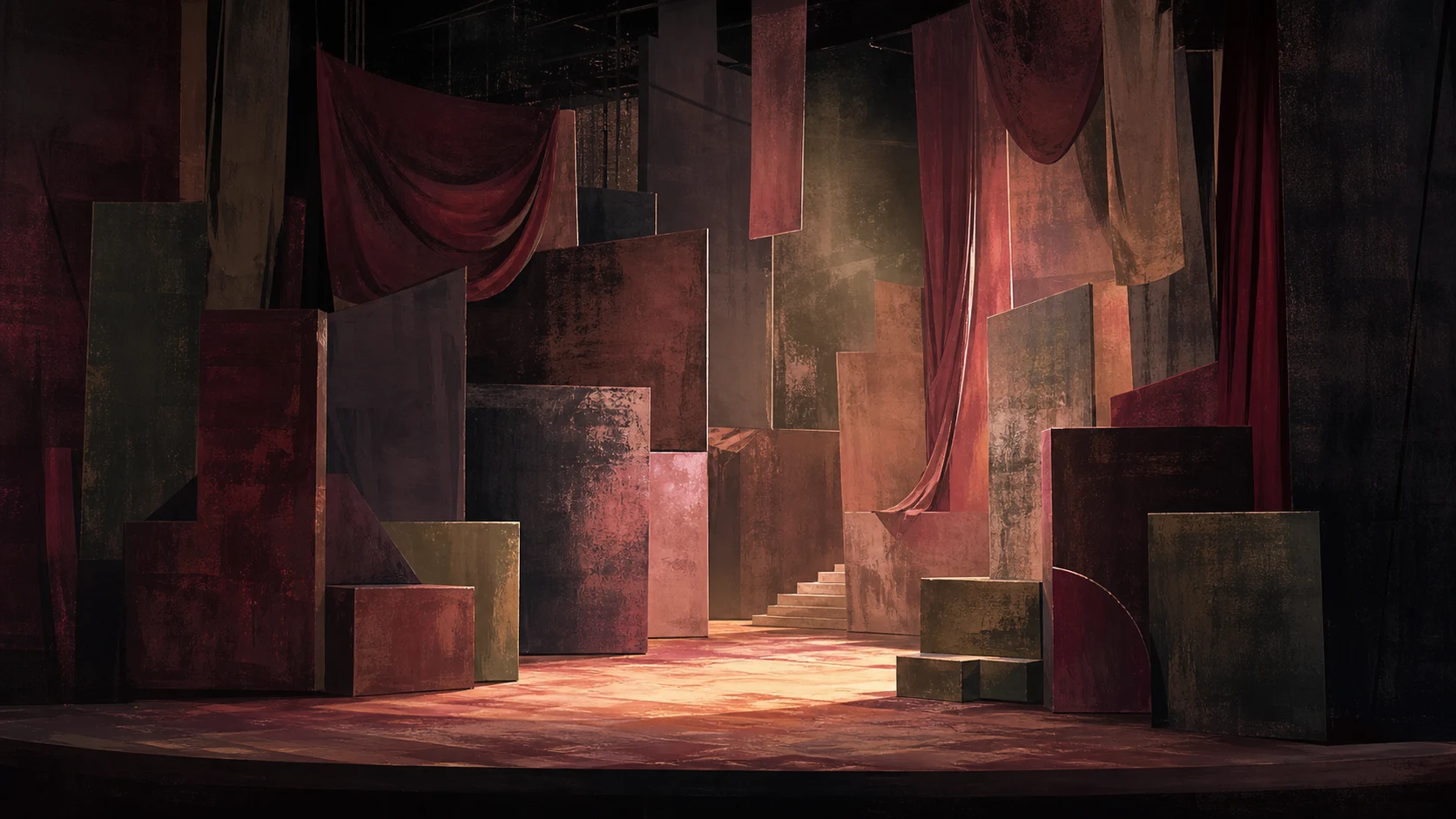 Plateau de théâtre encombré par plusieurs blocs qui masquent partiellement une ligne lumineuse.