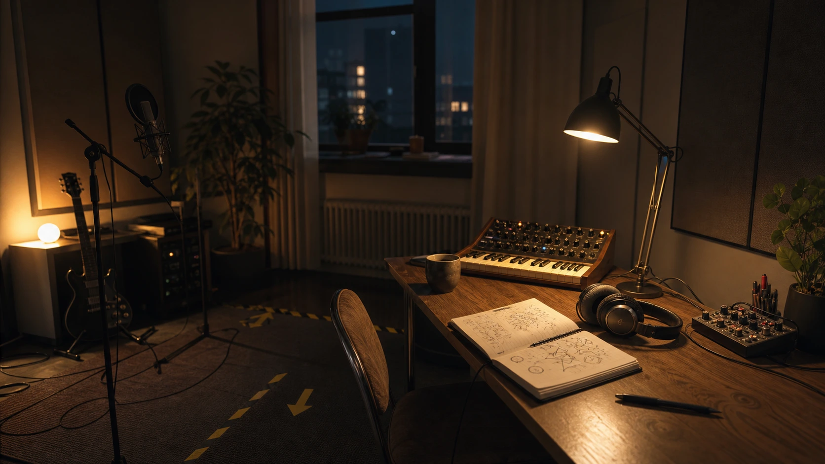 Studio calme avec micro, instruments et carnet ouverts dans une lumière de soirée.