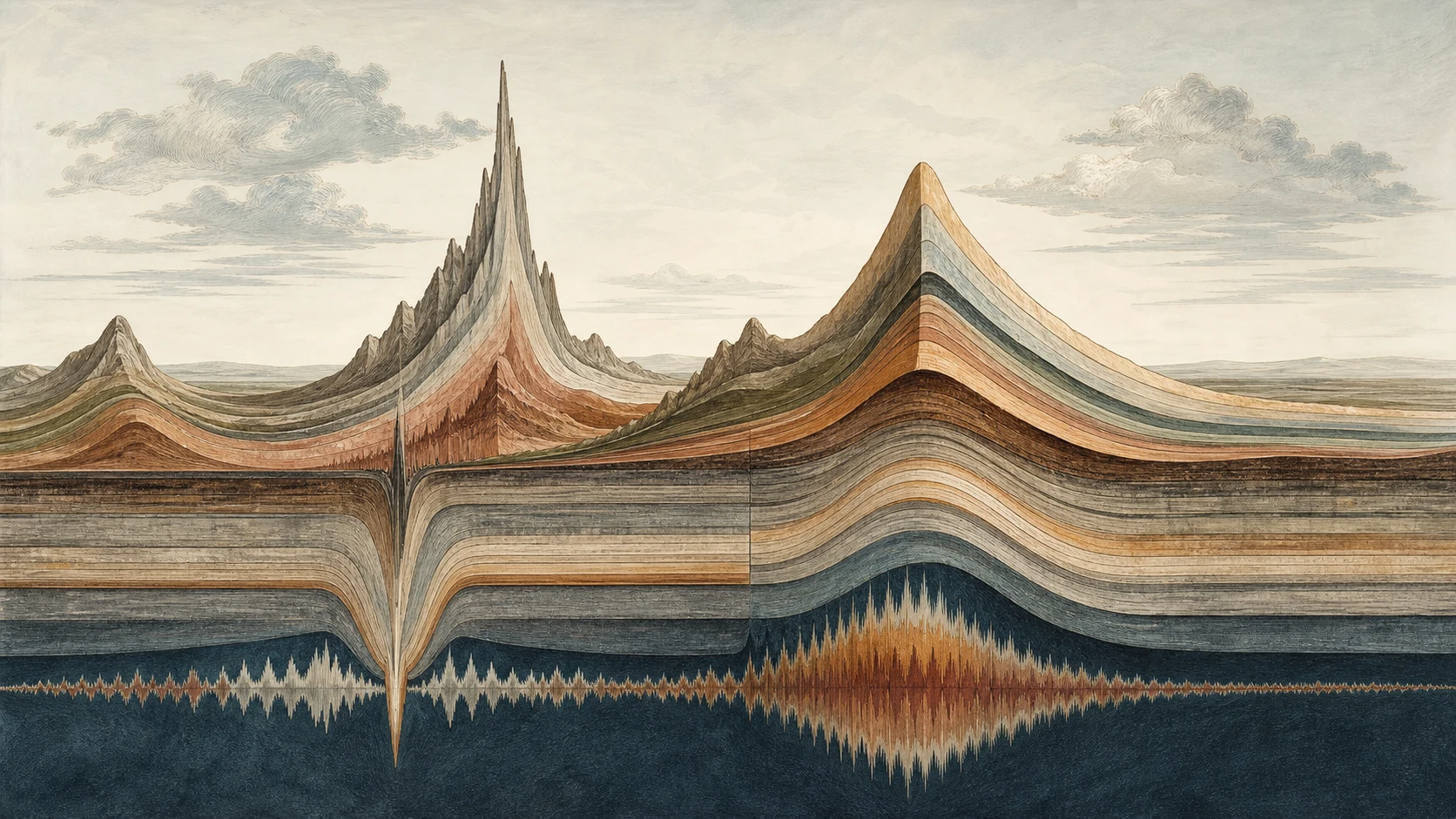 Coupe stratigraphique avec reliefs et creux pour représenter la dynamique musicale préservée.