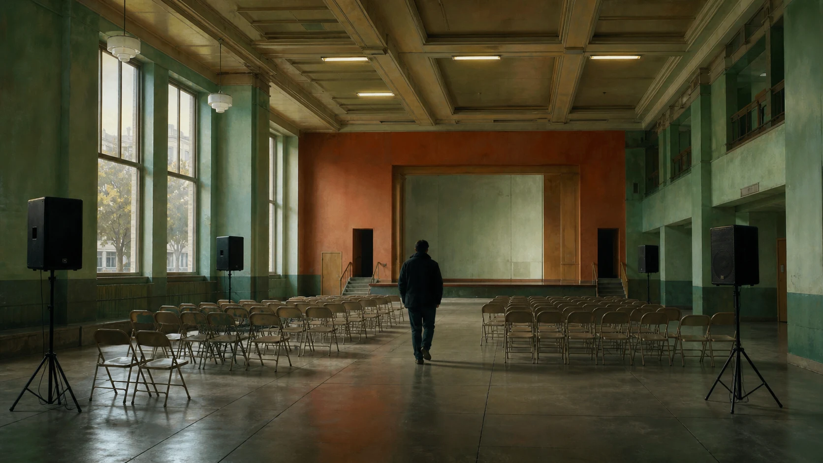 Silhouette de dos non identifiable marchant dans une salle municipale vide entre des enceintes et des chaises.