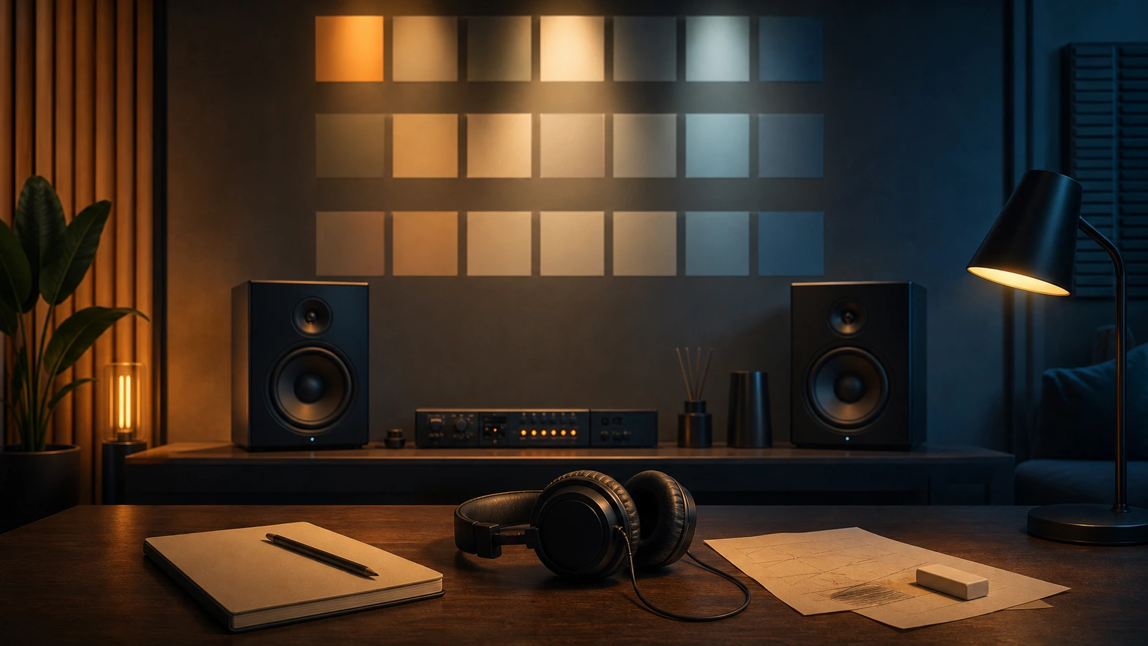 Blocs lumineux abstraits au-dessus de moniteurs de studio, comme un calendrier sans texte.