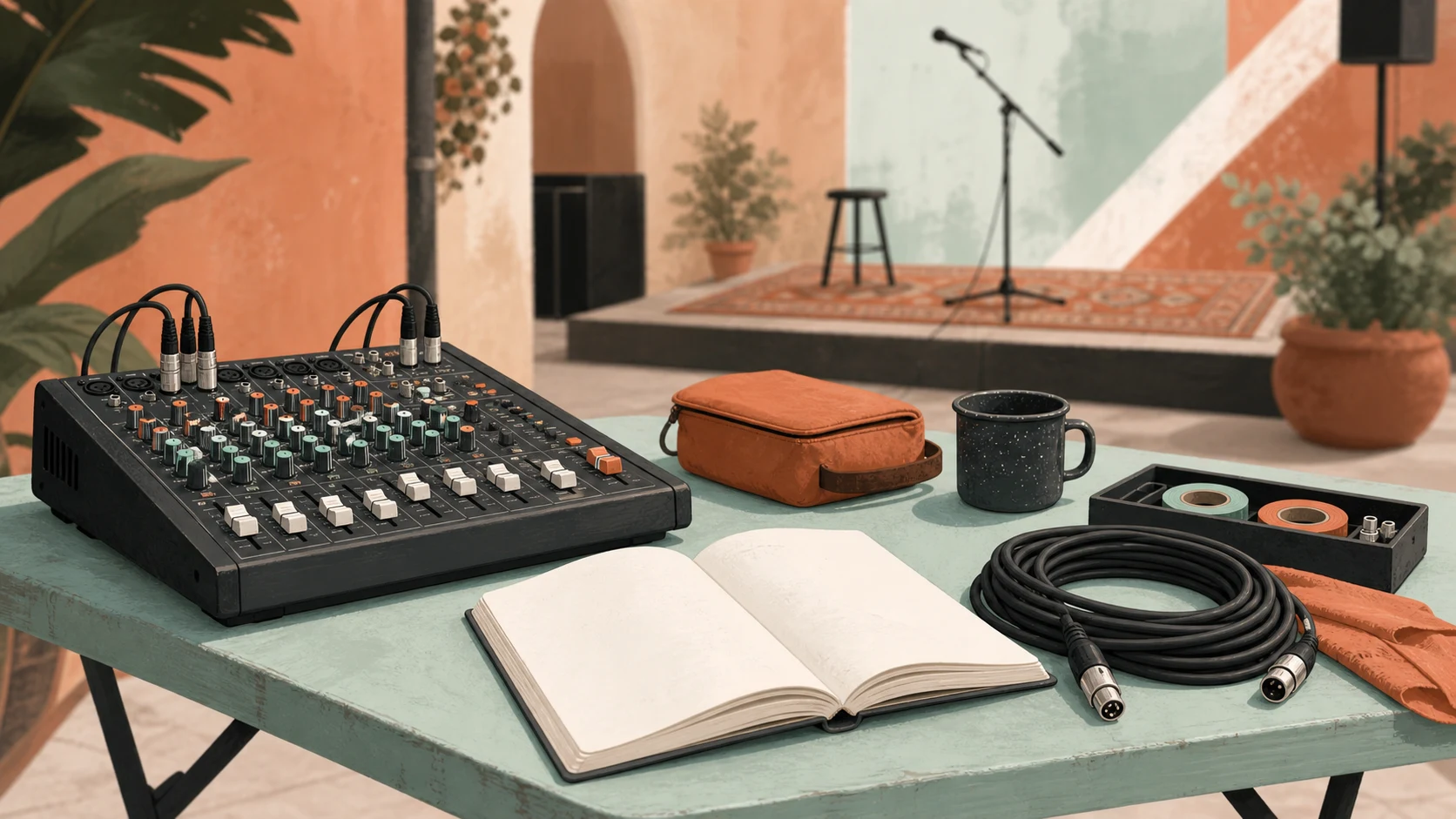 Petite table de mixage de sonorisation, carnet ouvert et câble audio posés près d'une scène sombre.