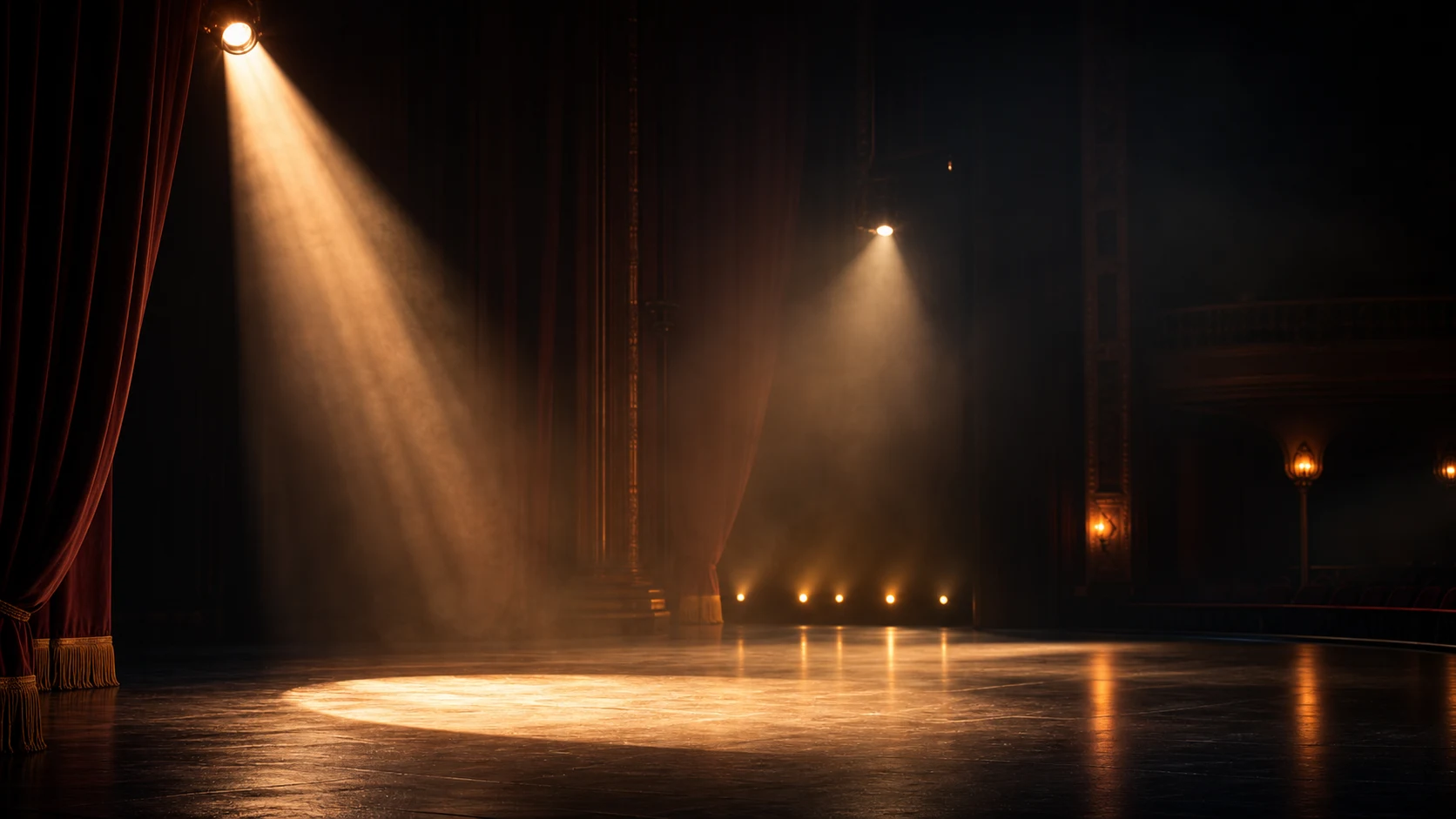 Trois plans de lumière organisent une scène vide comme les rôles d’un arrangement musical.