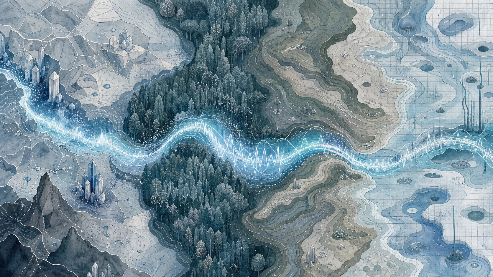 Une rivière lumineuse traverse plusieurs textures de paysage comme un morceau sur différents systèmes d’écoute.