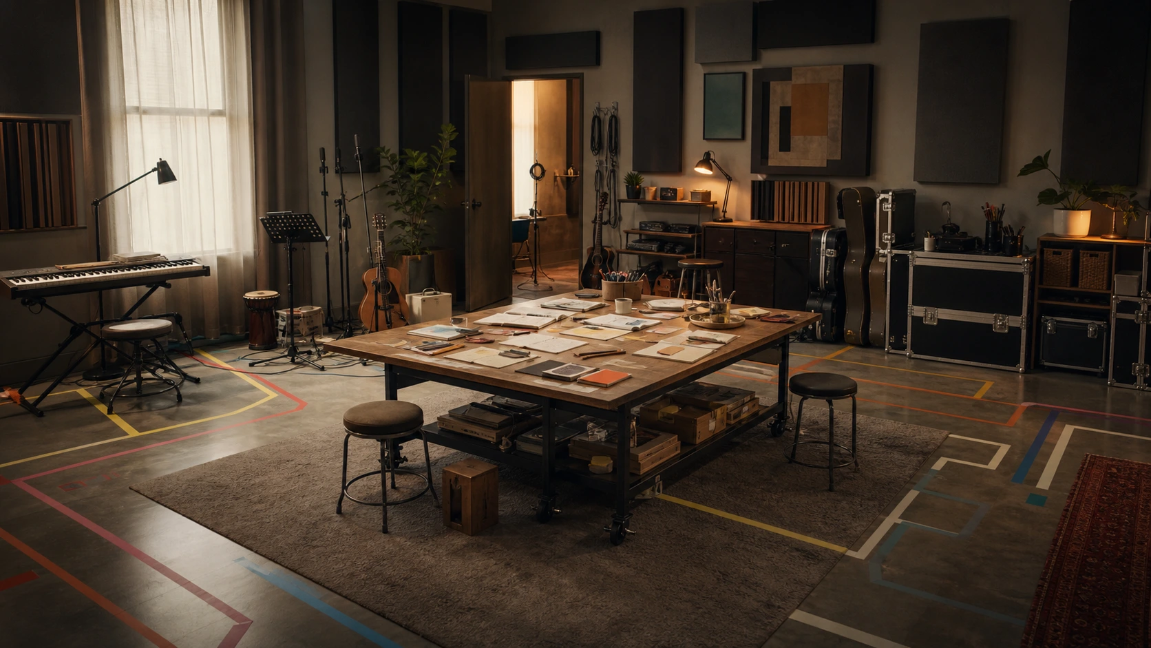 Grande pièce de studio organisée autour d'une table de travail, d'instruments et de repères au sol colorés.