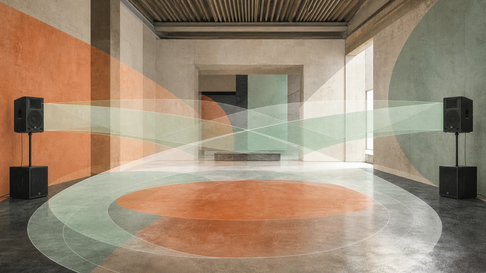 Installation visuelle abstraite avec faisceaux lumineux, enceintes et lignes de seuil sans texte lisible.
