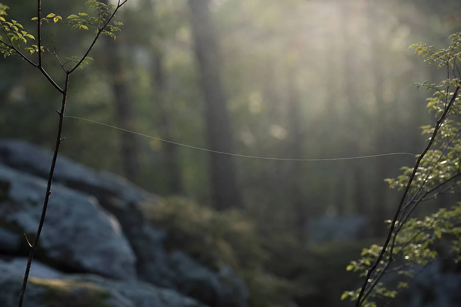 Fil sombre tendu entre deux branches fines, légèrement courbé par le vent.