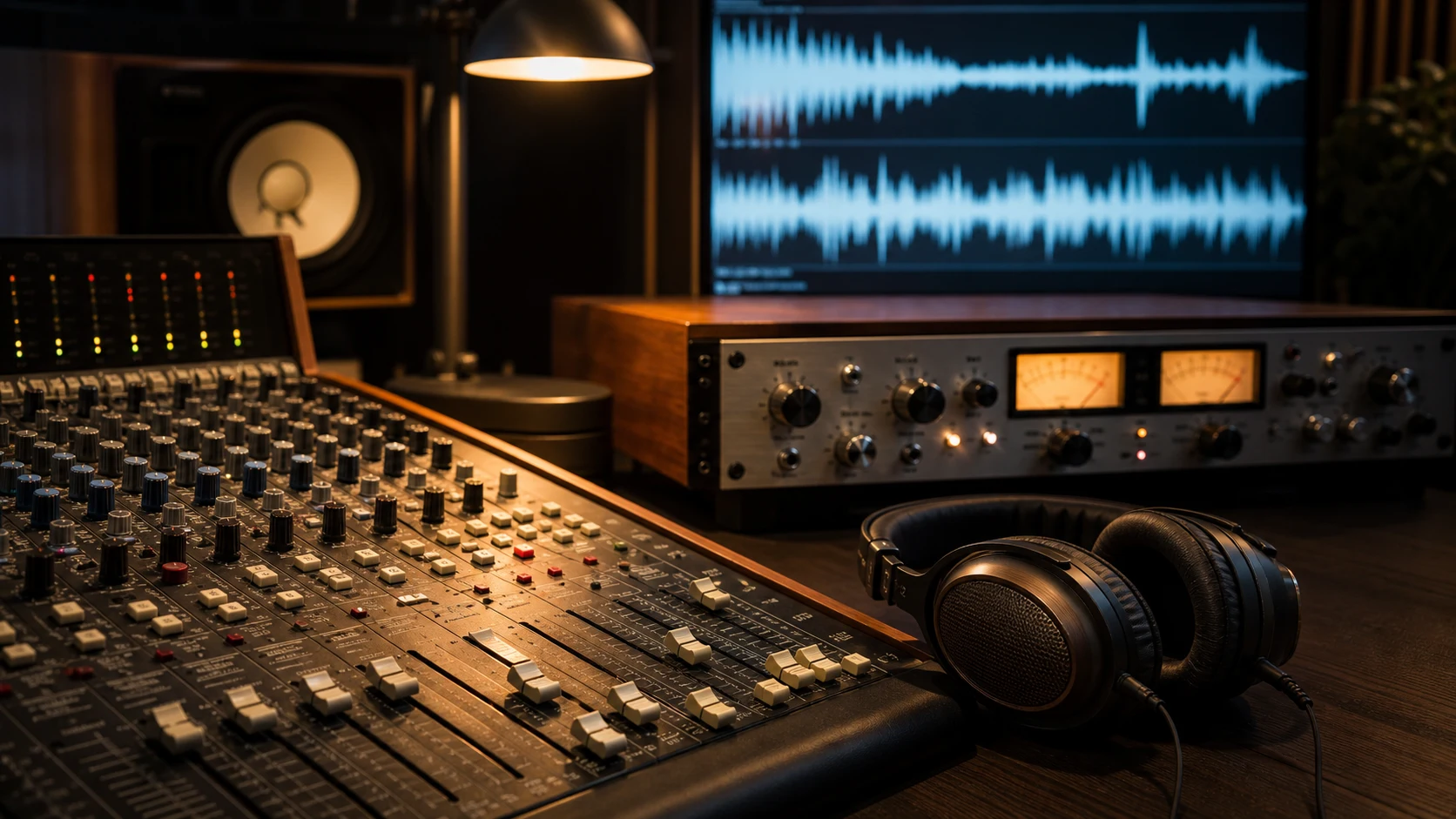 Console de studio, casque et formes d’onde dans une lumière chaude.