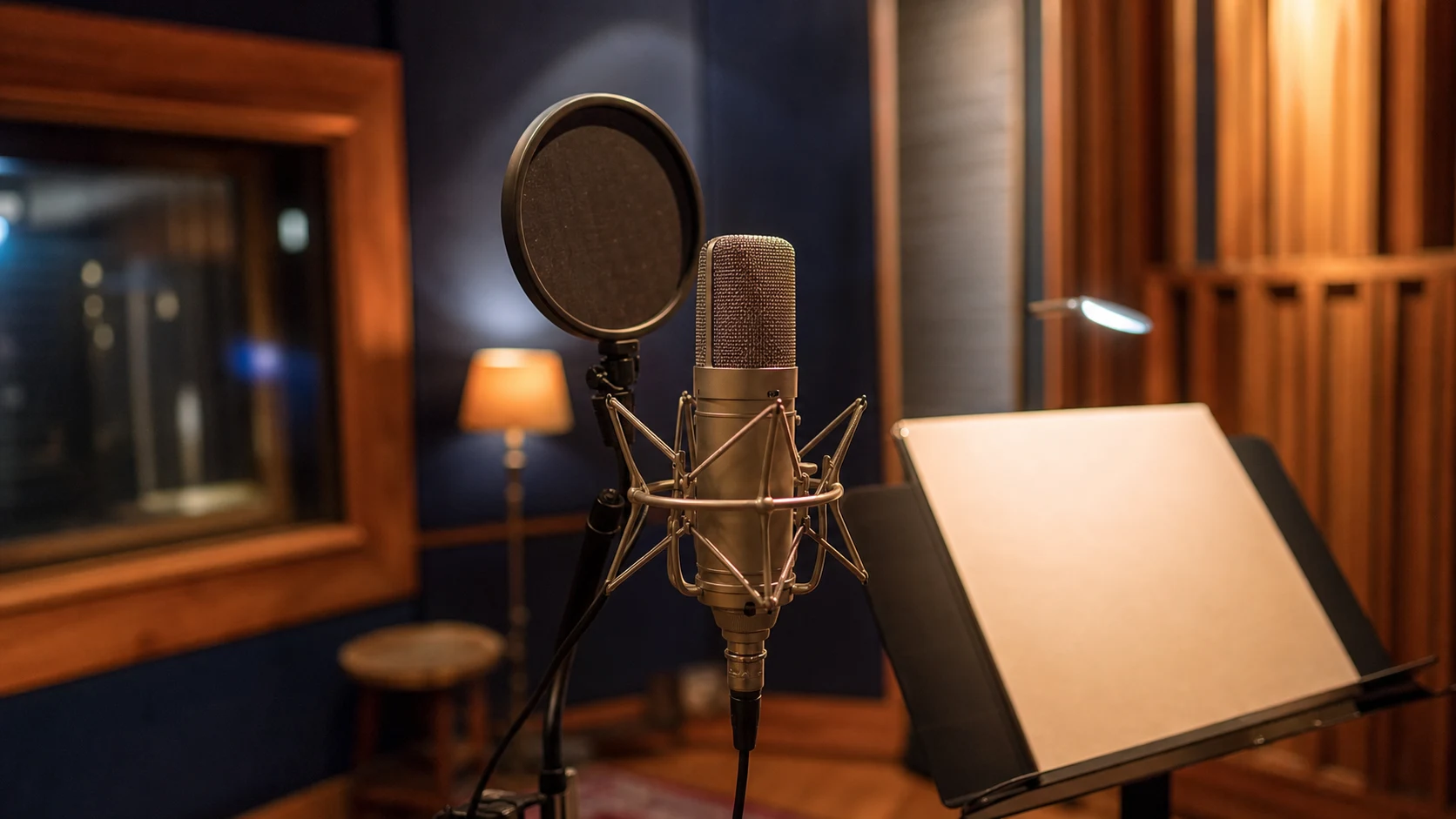 Microphone de studio devant des panneaux acoustiques dans une ambiance intime.