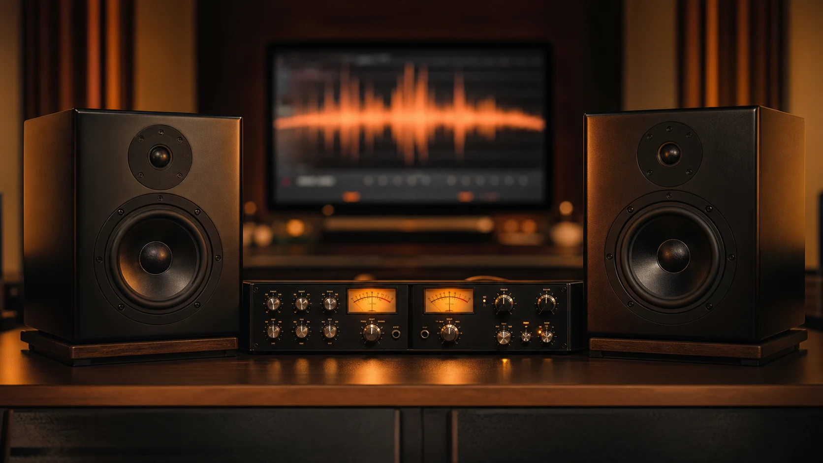 Moniteurs de mastering et matériel analogique dans une lumière ambre.