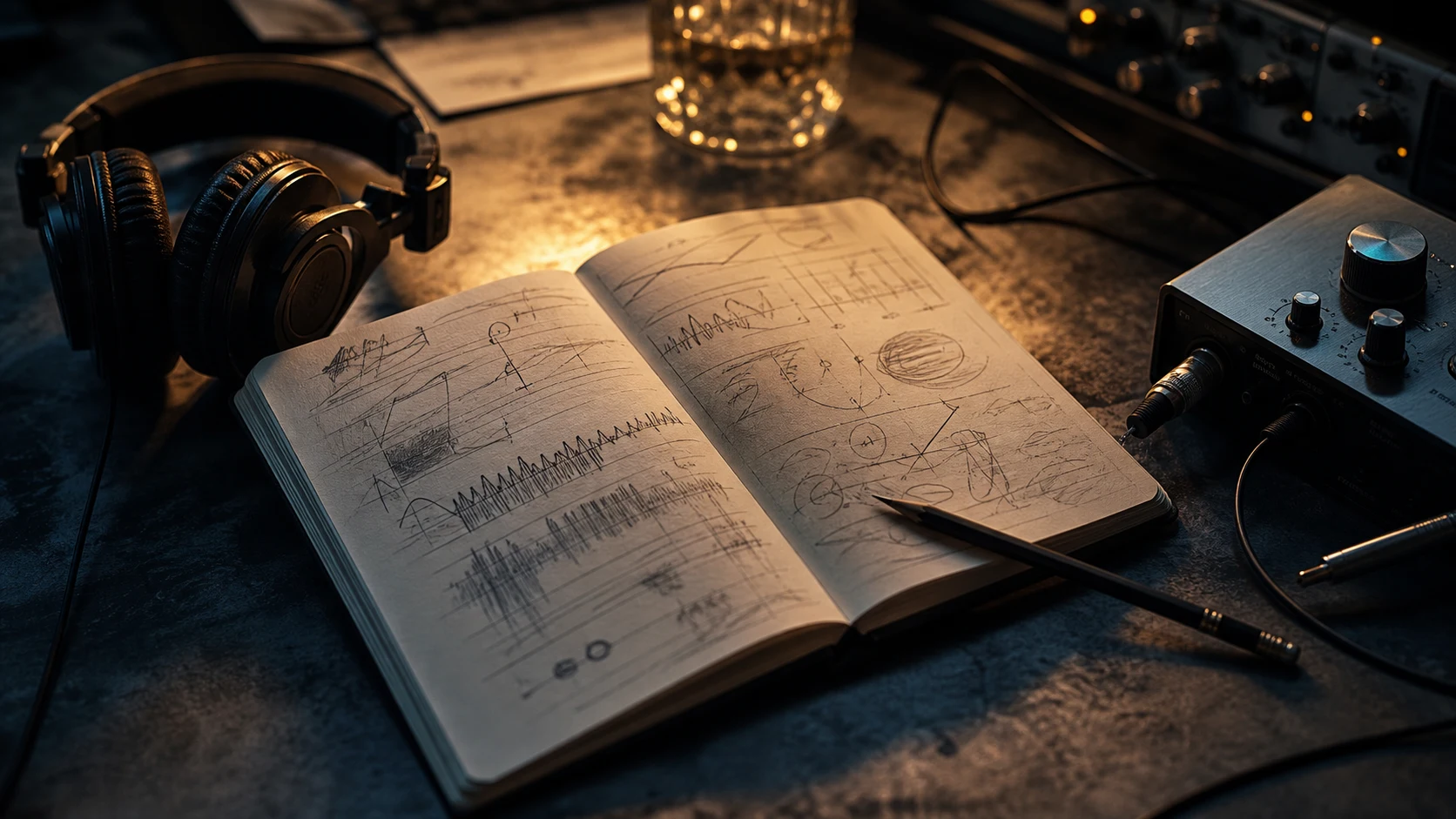 Carnet, casque et interface audio sur une table de studio éclairée chaudement.