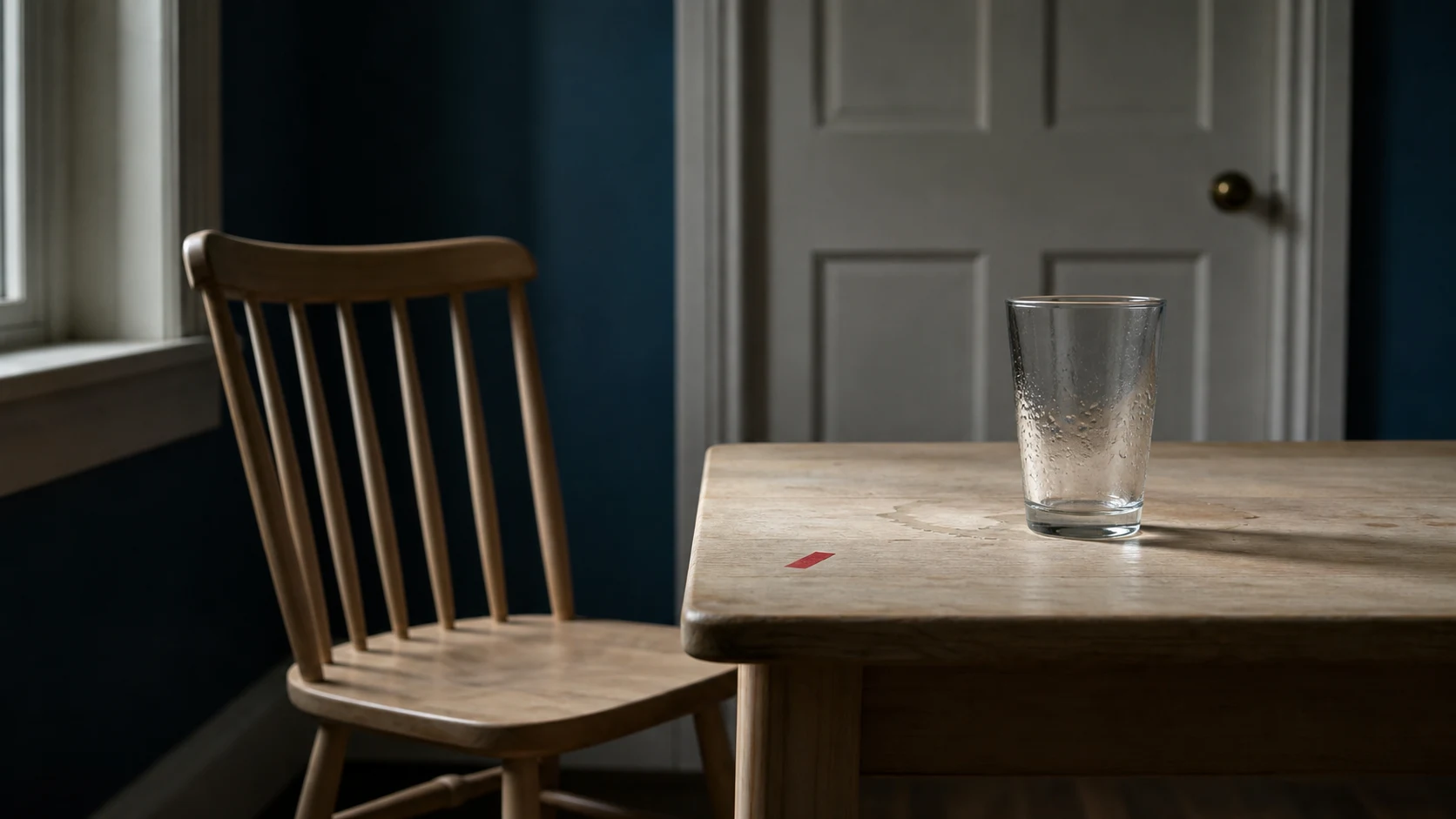 Verre posé sur une table près d’une chaise et d’une porte fermée dans une pièce calme.