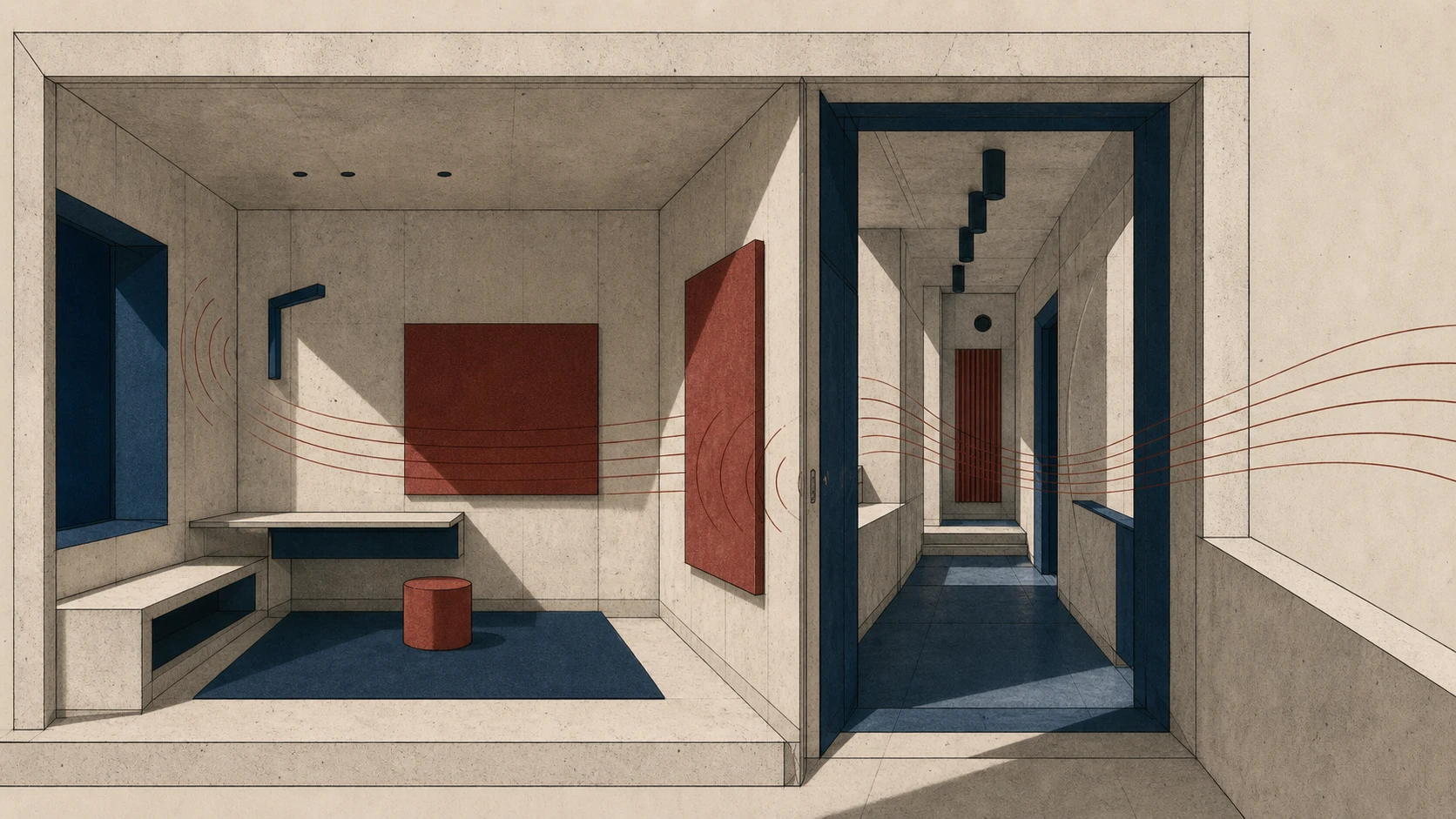Coupe architecturale d’une pièce et d’un couloir traversés par des lignes de résonance.
