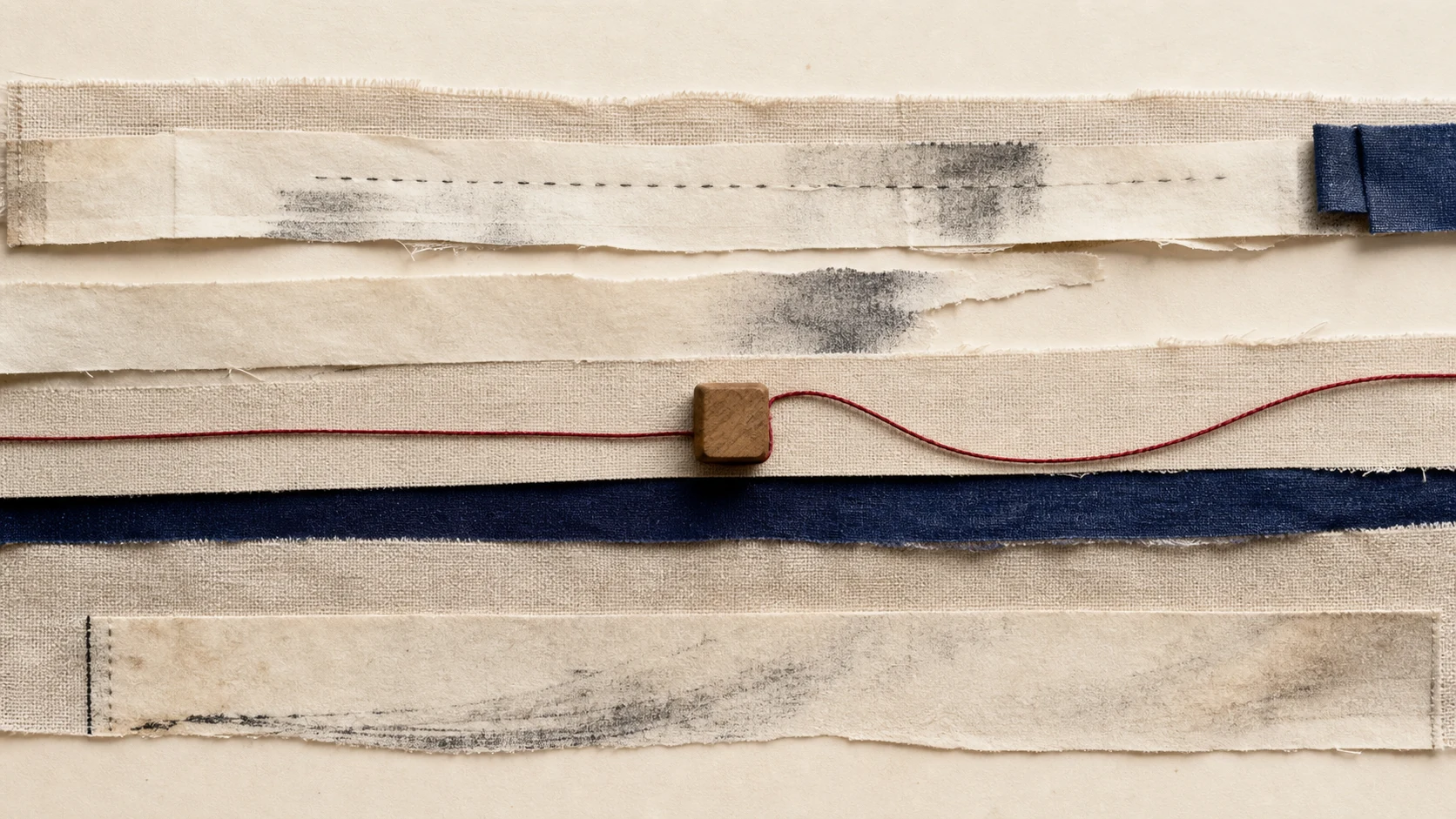 Bandes de tissu et de papier traversées par un fil rouge autour d’un petit bloc de bois.