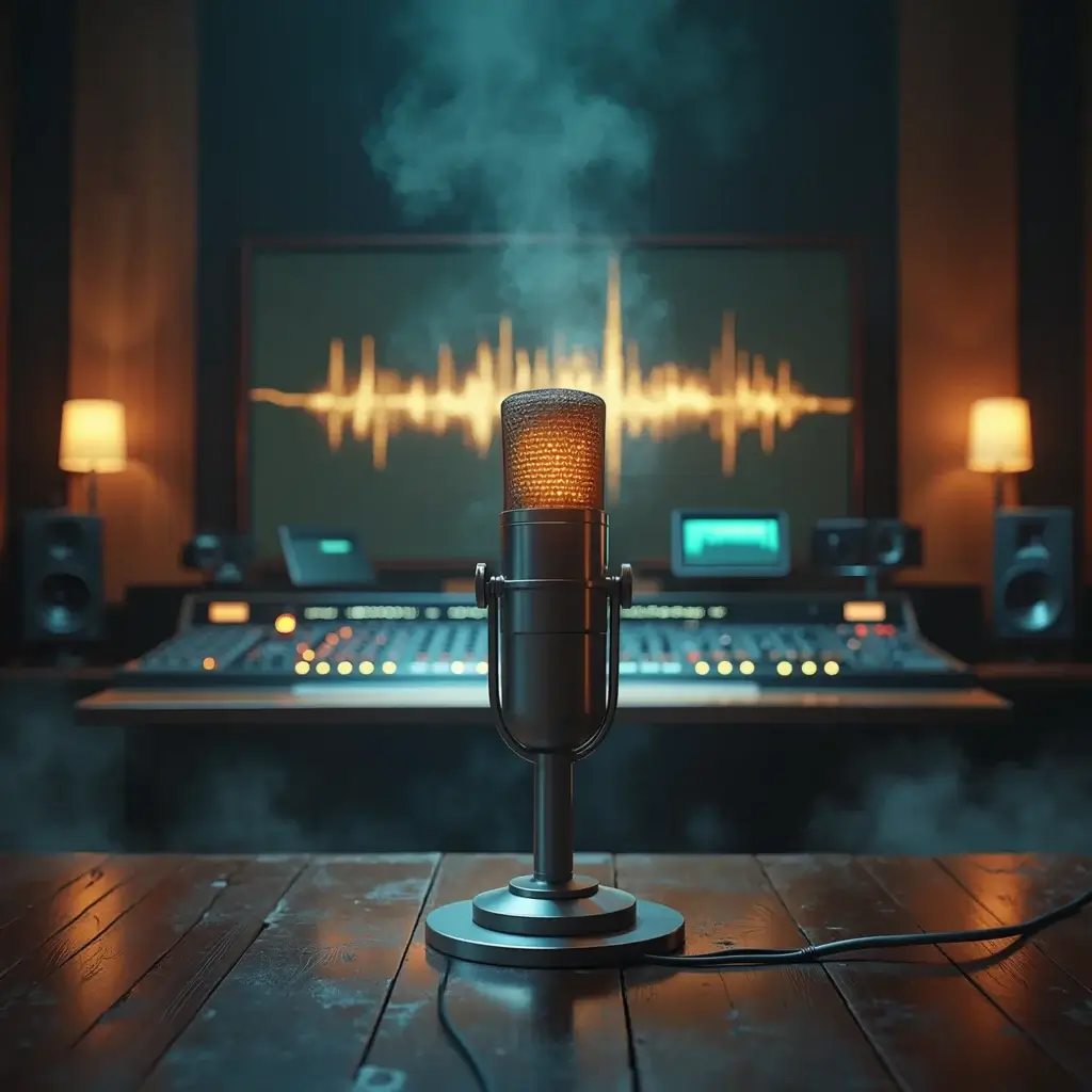 micro de studio et des ondes sonores lumineuses flottant dans l’air.