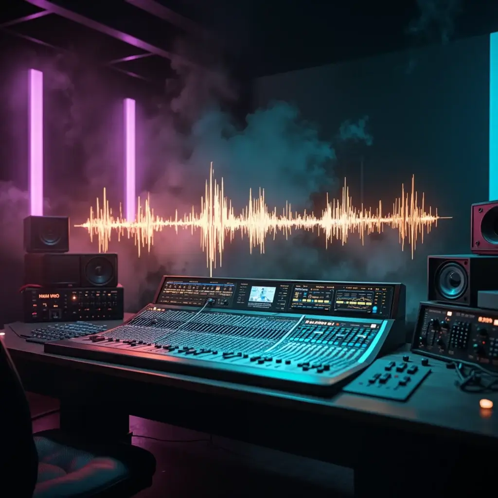 Un studio professionnel avec une console de mixage et un espace de mastering, illustrant la complémentarité entre ces deux étapes.