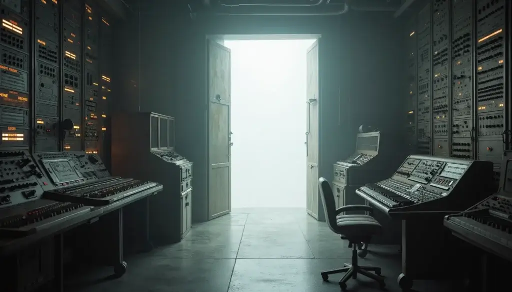 Grand studio de sound design professionnel avec une porte entrouverte menant à une salle vide baignée de brume.