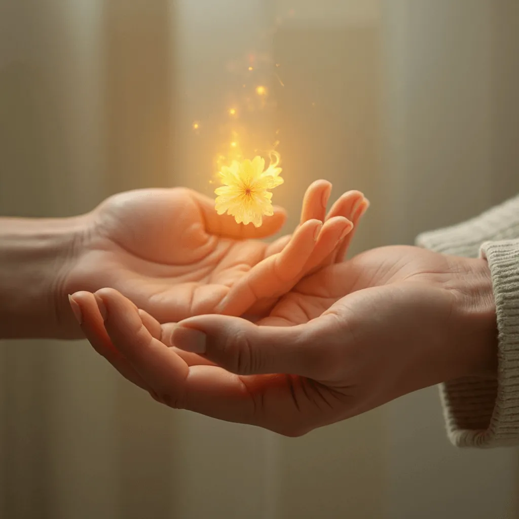 Deux mains réalistes échangent un fragment lumineux, dans une lumière naturelle douce.