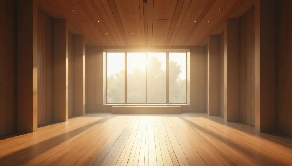 Grand studio audio professionnel baigné de lumière naturelle du matin, totalement vide et silencieux.