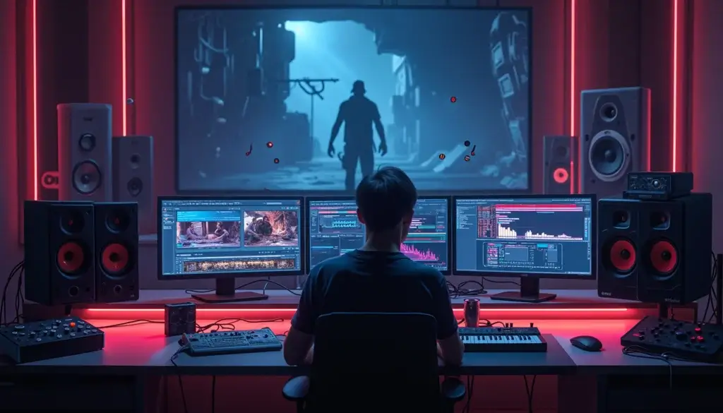 Compositeur absorbé dans la création musicale interactive dans un immense studio futuriste