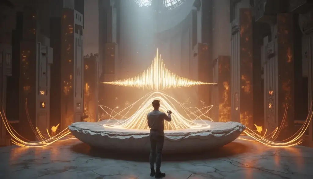 Un sculpteur sonore façonne une onde audio flottante composée de fréquences lumineuses dans un studio monumental.