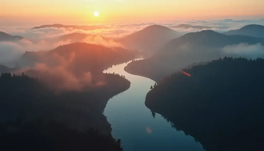 Vue aérienne d’un paysage au lever du jour, rivières sinueuses et brume formant des vagues lumineuses.