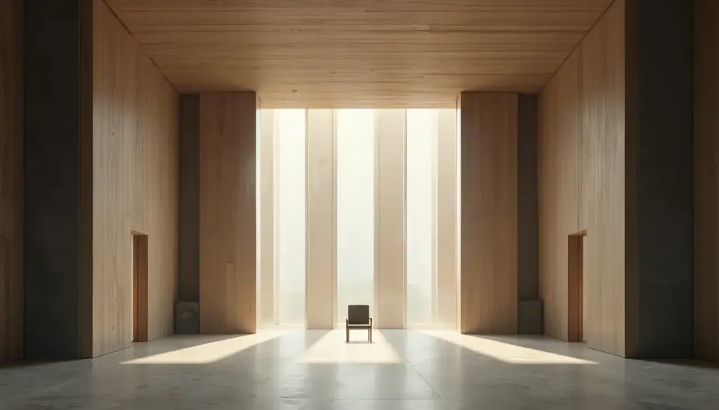 Grand studio épuré avec panneaux acoustiques symétriques et lumière douce filtrée.