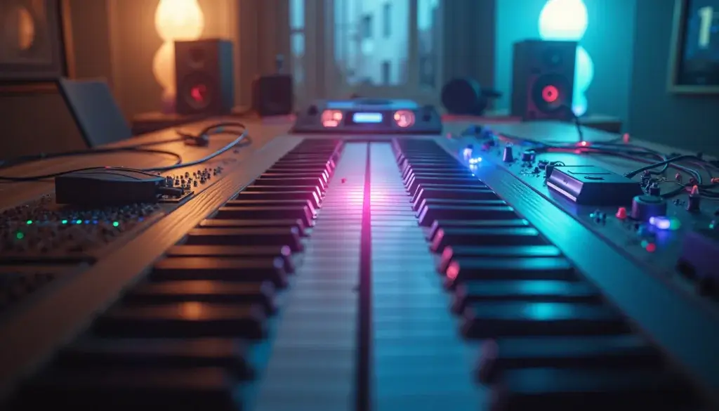 Studio de musique divisé en deux ambiances, une moitié analogique chaleureuse et une moitié numérique froide séparées par une vitre.