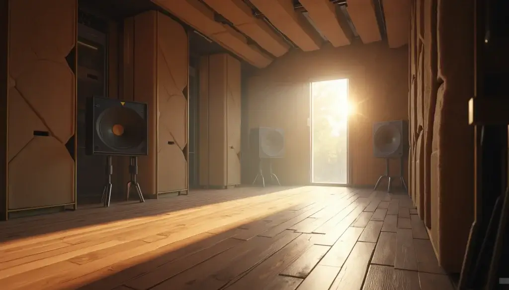 Grande salle d’enregistrement professionnelle avec diffuseurs et panneaux, faisceau lumineux révélant de légères ondes dans la poussière.