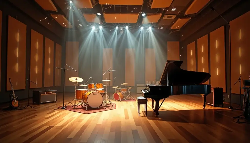 Grand studio d’enregistrement professionnel avec des traînées lumineuses figurant les gestes musicaux autour des instruments.