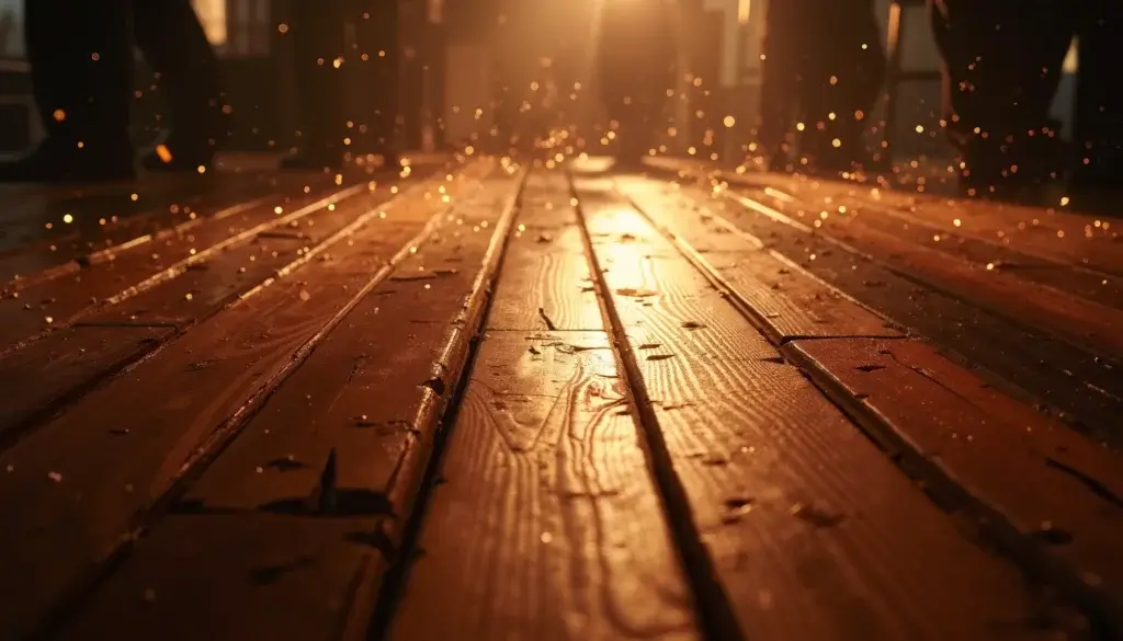 Sol en bois d’une salle sombre, traversé de traînées lumineuses courbes comme des traces de pas.