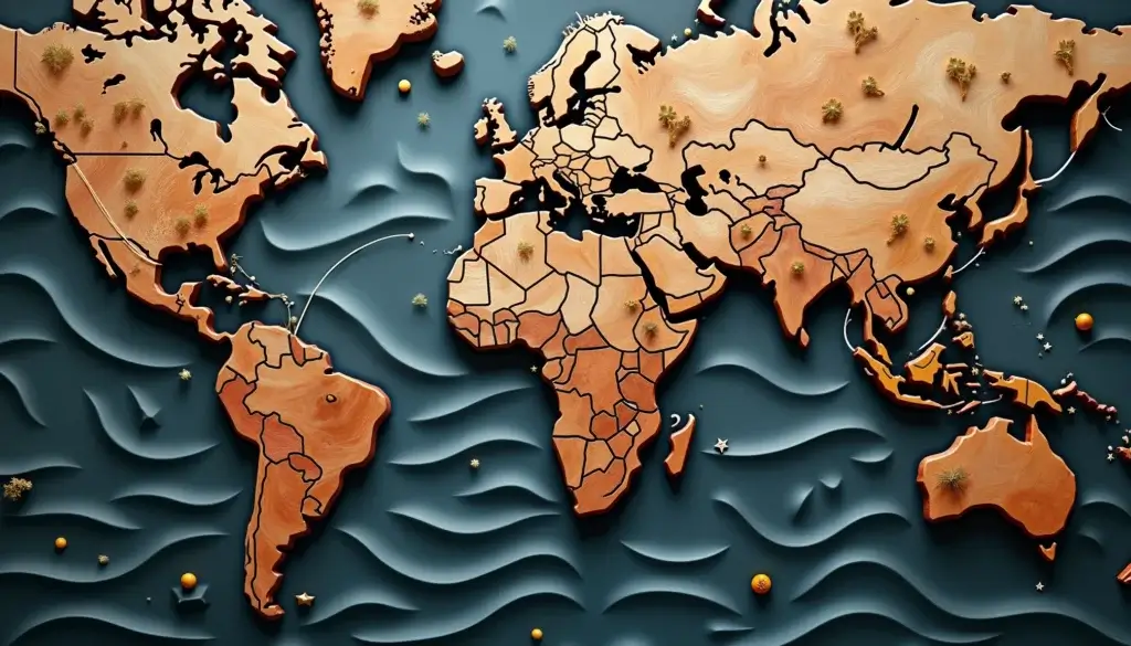 Carte du monde artistique vue du dessus, continents en matériaux texturés et lignes cycliques incrustées.